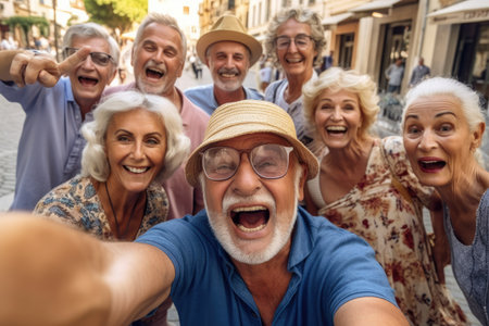 Group of seniors taking selfies in the city. Group of elderly people having fun outdoors.の素材