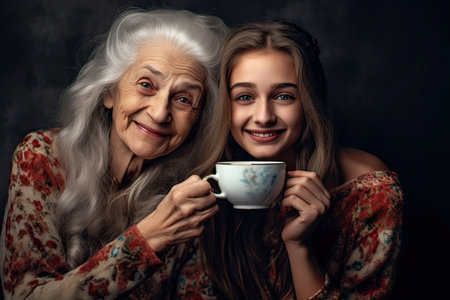 Portrait of a smiling senior woman and her granddaughter drinking tea.の素材