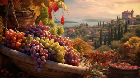Wicker basket with grapes on the background of a beautiful autumn landscape.の素材
