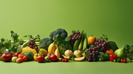 Composition with variety of raw organic vegetables and fruits on color backgroundの素材