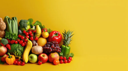 Fresh fruits and vegetables on yellow background, closeup. Healthy foodの素材