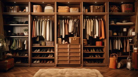 Wardrobe with different clothes and accessories in dressing room. Interior designの素材