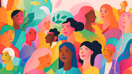 Group of women with different nationalities and cultures. Vector illustration in flat styleの素材