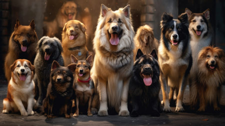 Group of dogs in a row. Selective focus. Shallow depth of field.の素材