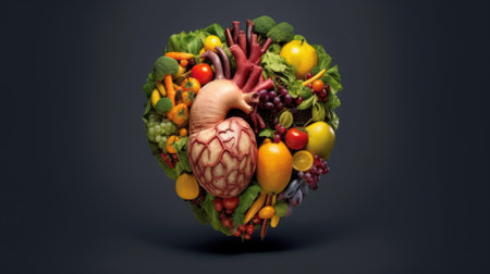 Human heart made of fresh vegetables and fruits. 3d illustration.の素材