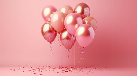 Pink balloons and confetti on pink background. 3d render.の素材