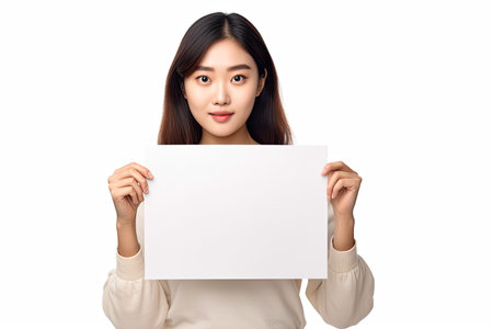 Young Asian woman holding a blank sheet of paper, isolated on white backgroundの素材