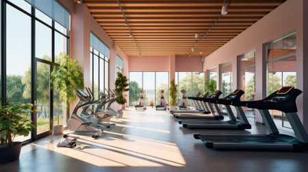 Interior of a modern fitness hall with treadmills. 3d renderの素材