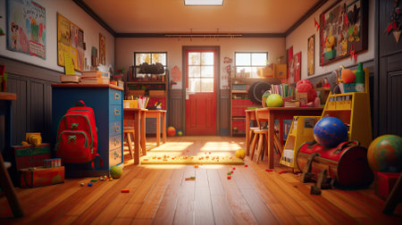 3d rendering of a children's room with toys and a schoolbagの素材