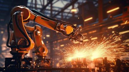 Mechanized industry robot arm working in factory production line. Mixed mediaの素材