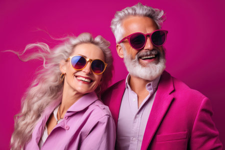 Portrait of happy senior couple in sunglasses, isolated on pink backgroundの素材