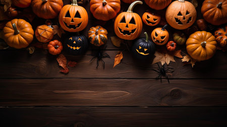 Halloween pumpkins on wooden background with copy space for text.の素材