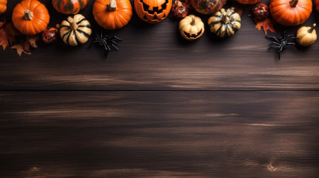 Halloween background with pumpkins, spiders and leaves on wooden boardの素材
