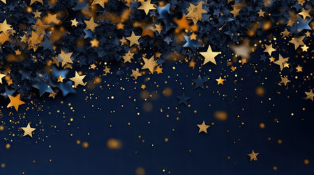 Black and gold stars confetti on dark blue background. Vector illustration.の素材