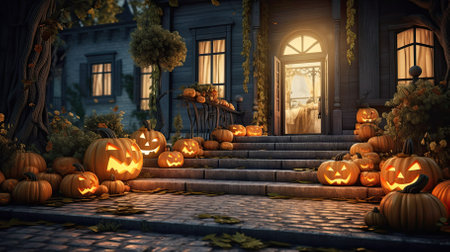 Halloween pumpkins in front of the house,3d renderの素材