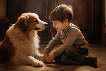 Little boy and his dog at home. The concept of a friendly family.の素材