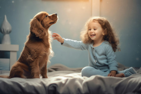 Little girl playing with her dog on the bed in the morning.の素材
