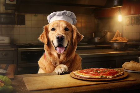 Cute dog in chef's hat with pizza in kitchen at homeの素材
