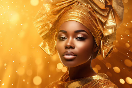 Beautiful african american woman in golden turban on golden backgroundの素材