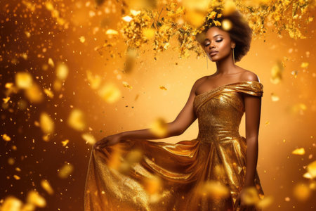 Beautiful african american woman in golden dress with falling leavesの素材