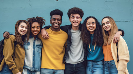 Group of young multiethnic friends in casual clothes standing against blue wallの素材