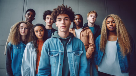 Group of multiethnic teenagers standing together and looking at camera.の素材