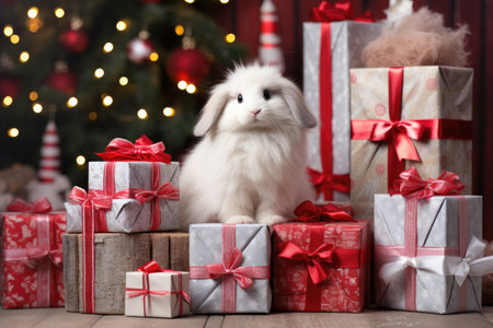 Cute bunny and Christmas gifts on wooden floor in room decorated for Christmasの素材
