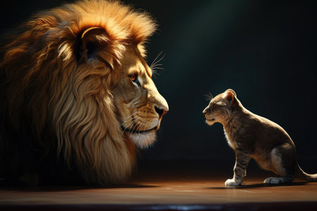 Lion and cat on a dark background. The concept of love and affection.の素材