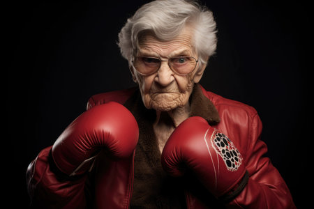 Portrait of an elderly woman with boxing gloves on a black backgroundの素材