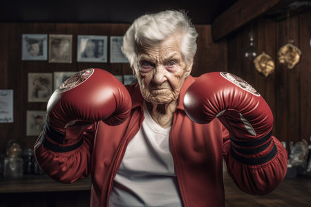 Portrait of an elderly woman with boxing gloves. The concept of a healthy lifestyle.の素材