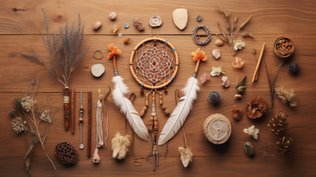 Dreamcatcher on wooden background. Dreamcatcher on wooden background.の素材