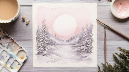 Painting of a winter landscape on a wooden background. Top views.の素材