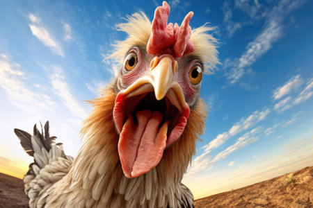 Rooster with open mouth in the desert, close-up.の素材