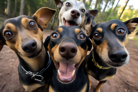 Group of black and tan miniature pinscher dogs playing in the parkの素材