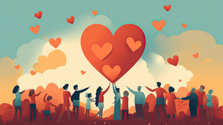 Valentine's day background with people and big red heart. Vector illustrationの素材