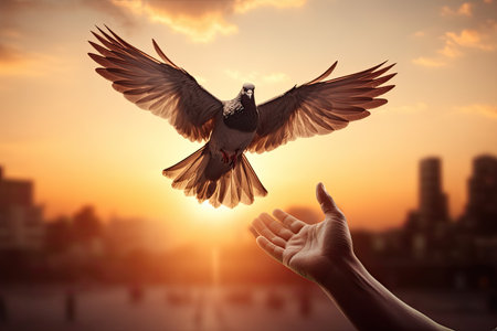 Hand holding a dove on the sunset background. Concept of peace.の素材