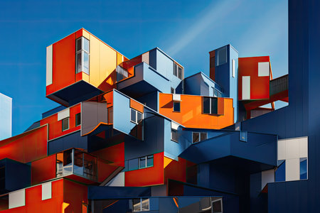 abstract 3d illustration of multicolored houses on blue backgroundの素材