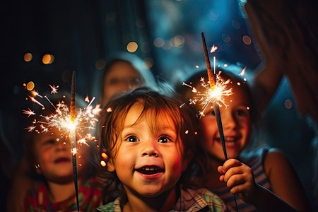 Happy children with sparklers at night party. Selective focus.の素材