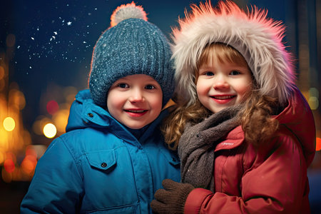 happy children in winter clothes over night city background. kids having funの素材