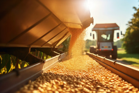 Combine harvester unloading soybeans into tractor trailer, closeupの素材