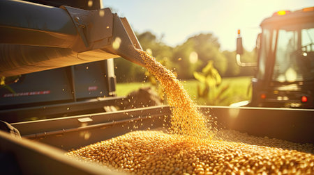 Pouring soy beans into tractor trailer, closeup. Harvesting conceptの素材
