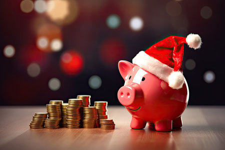 Piggy bank with Santa Claus hat and coins on bokeh backgroundの素材