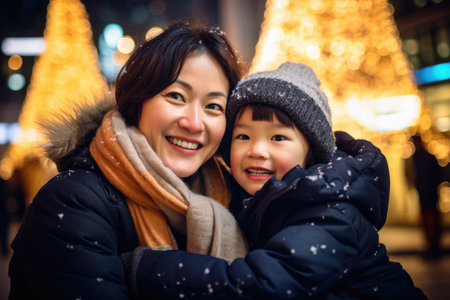 Happy asian mother and child having fun at Xmas market.の素材