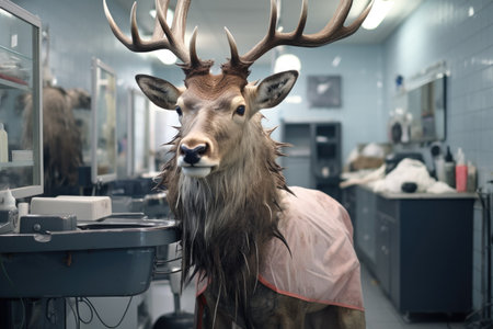 Deer in a hairdresser's salon. Hairdresser and hairdresser.の素材