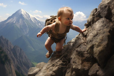 Baby climbing on a rocky wall in the mountains. The concept of extreme sports.の素材