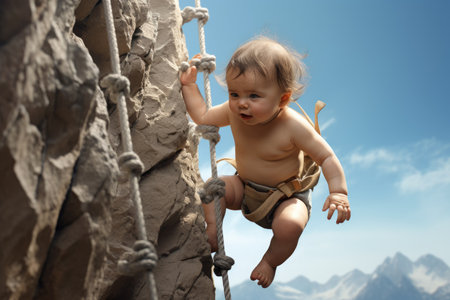 Baby climbing on a rock wall in the mountains. Baby climbing on a ropeの素材