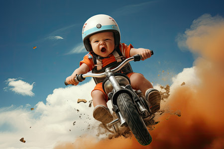 Little boy in helmet riding a bike in the sky with clouds.の素材