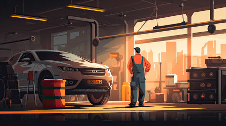 Mechanic in uniform standing near car in auto repair shop. Vector illustrationの素材