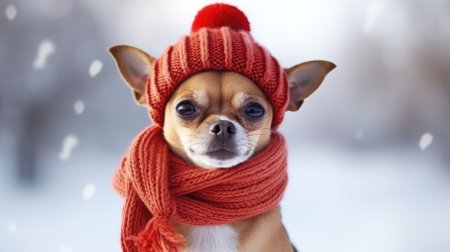 Cute chihuahua dog in red knitted hat and scarf on winter background.の素材