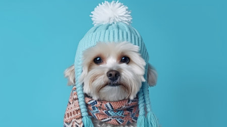 Cute Maltese dog wearing winter hat and scarf on blue backgroundの素材